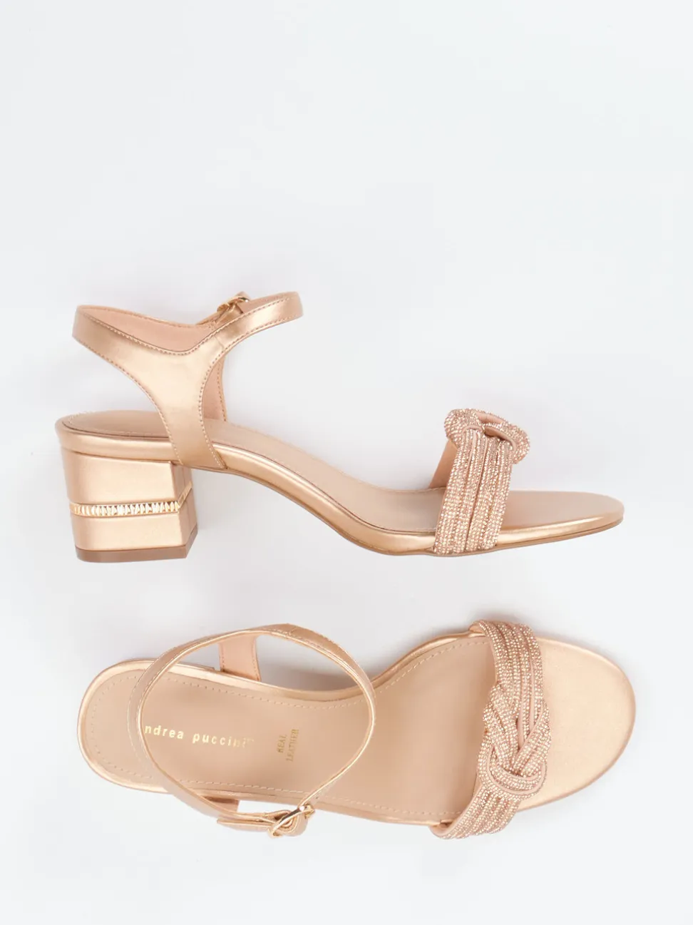 Andrea Puccini – Abendsandalen aus Metallicleder Roségold
