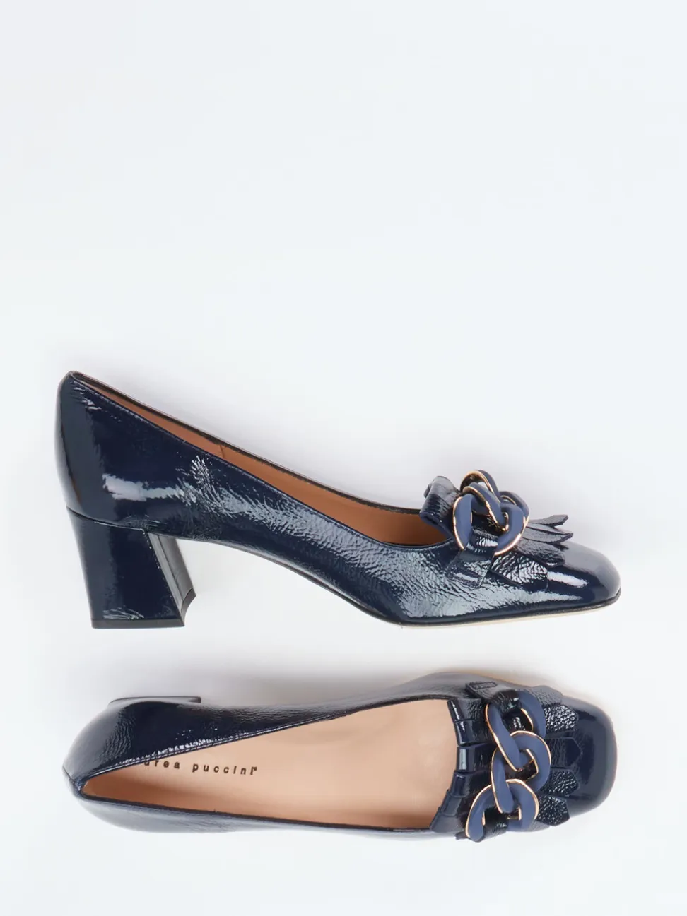 Andrea Puccini – Blockabsatz-Pumps aus Lackleder Dunkelblau