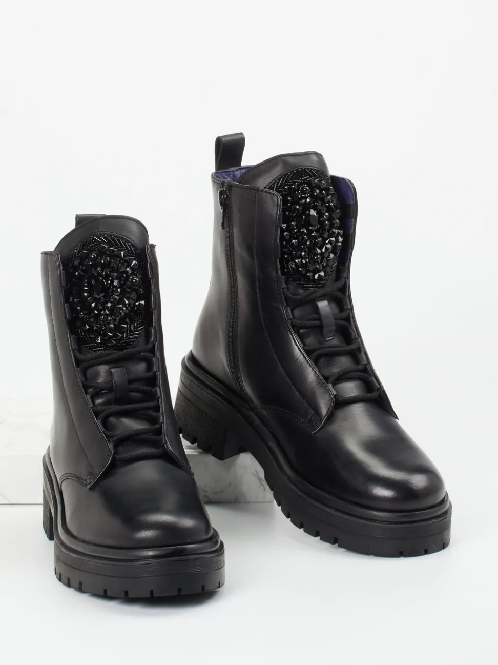 Apepazza – Schnürboots aus Leder Schwarz mit Strass