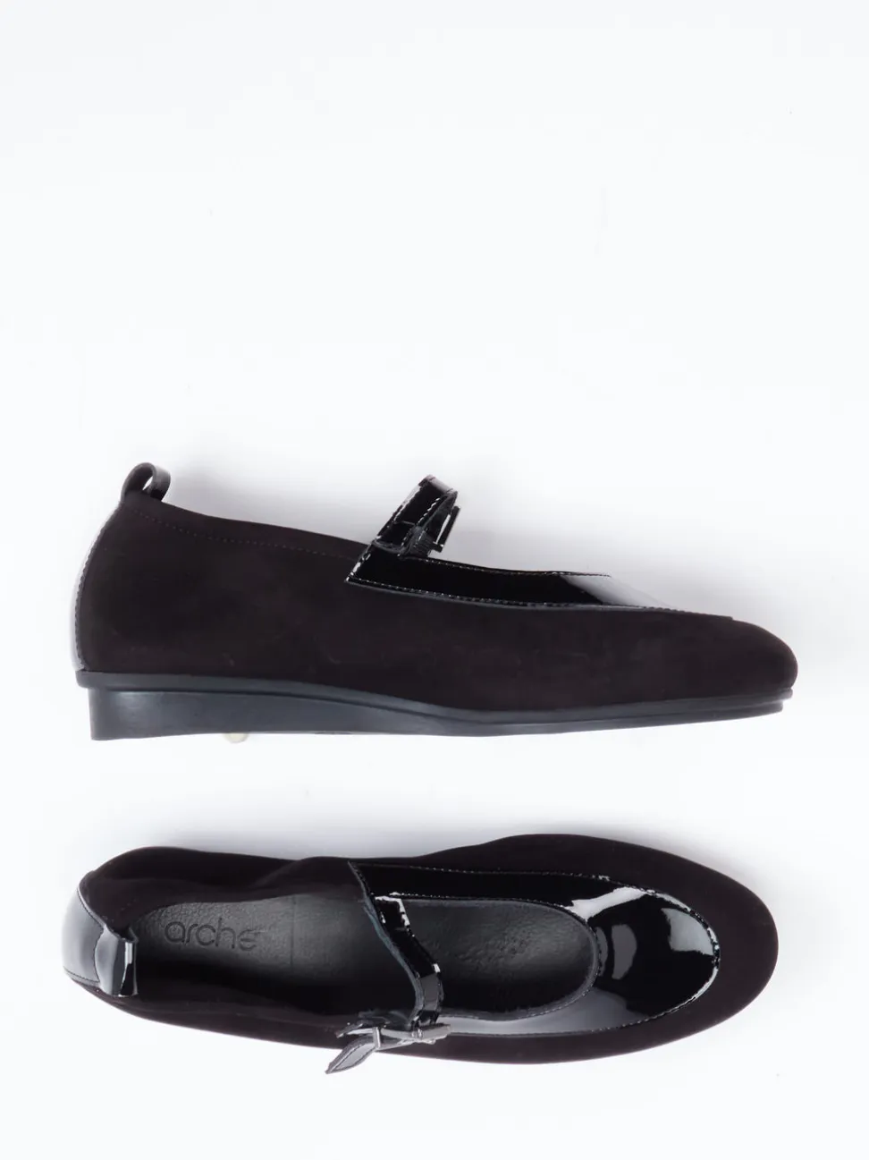 Arche – Spangenpumps aus Lackleder und Veloursleder Schwarz