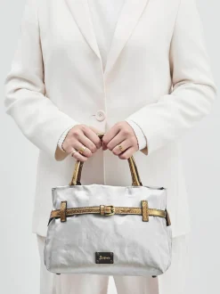AU 79 – Handtasche aus Leinen und Kalbleder Silber