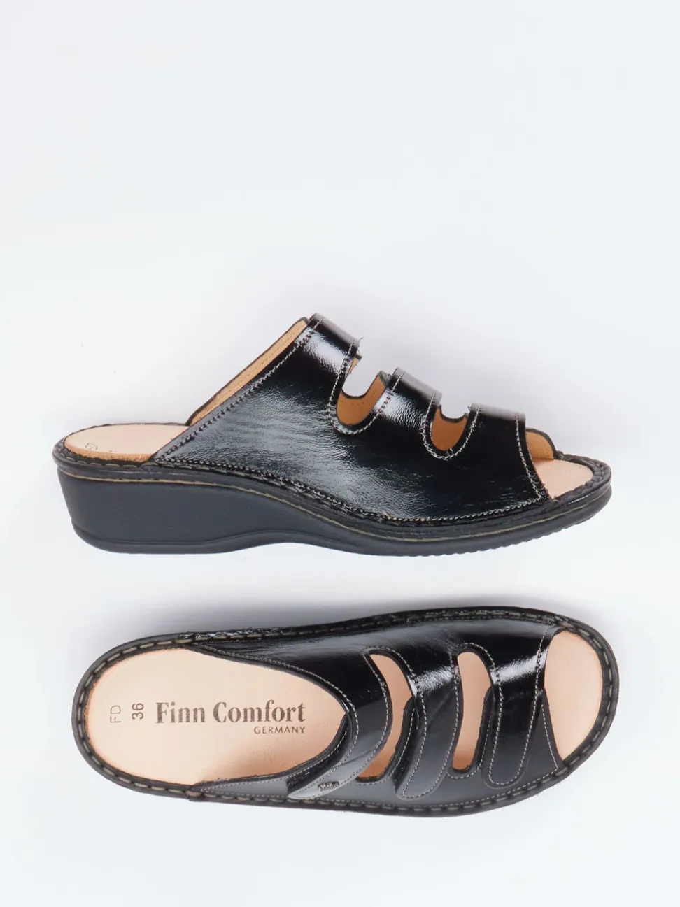 Finn Comfort – Pantolette aus Lackleder Schwarz