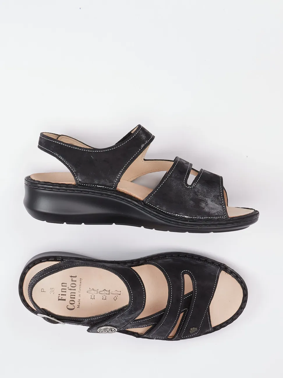 Finn Comfort – Sandalen aus Metallicleder schwarz ergonomisch