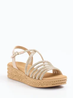 Gabor – Keilsandalette aus Velour/Metallic Beigegold