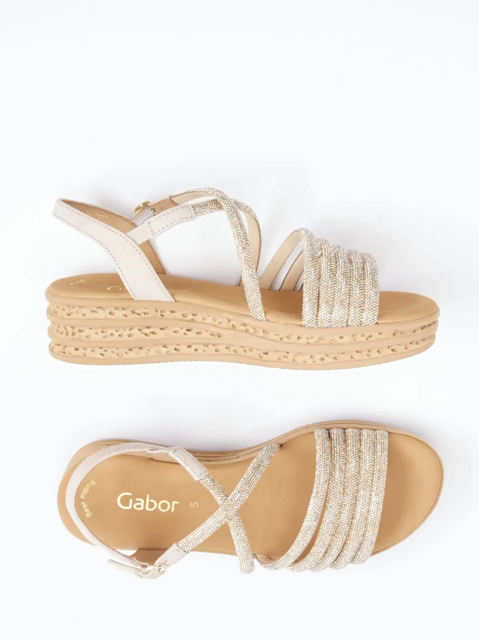 Gabor – Keilsandalette aus Velour/Metallic Beigegold