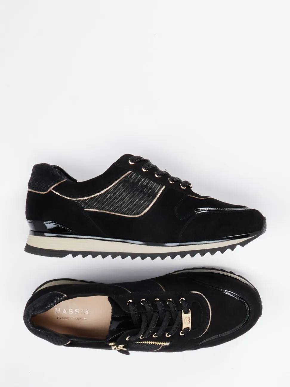 Hassia – Sneaker aus Veloursleder in Schwarz-Gold
