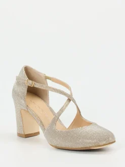 Konstantin Starke – Spangenpumps aus Glitzer-Textil Champagner