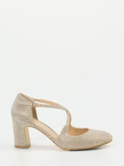Konstantin Starke – Spangenpumps aus Glitzer-Textil Champagner