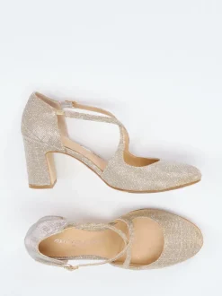 Konstantin Starke – Spangenpumps aus Glitzer-Textil Champagner