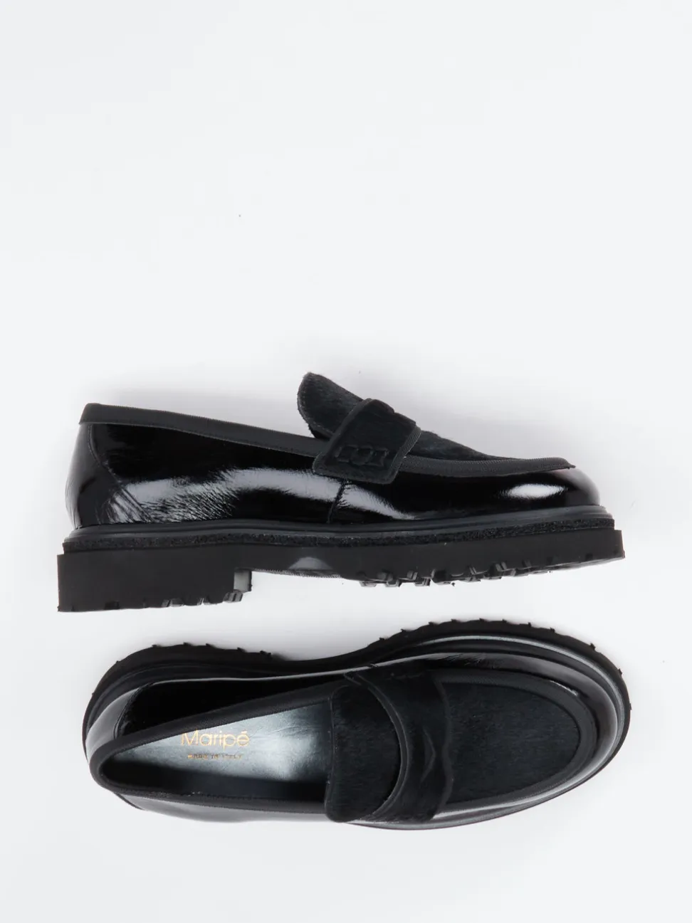 Maripé – Loafer aus Lackleder mit Ponyfell-Optik
