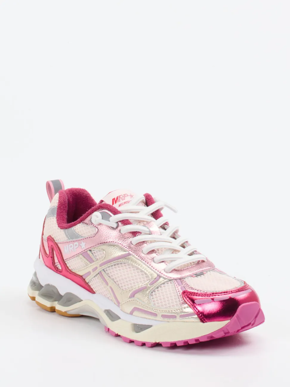 MRP – Sneaker aus Mesh und Metallicleder Cremeweiß