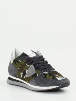 Philippe Model – Sneaker aus Fell und Veloursleder oliv