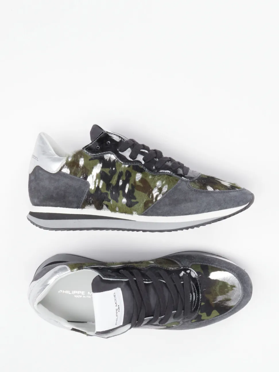 Philippe Model – Sneaker aus Fell und Veloursleder oliv