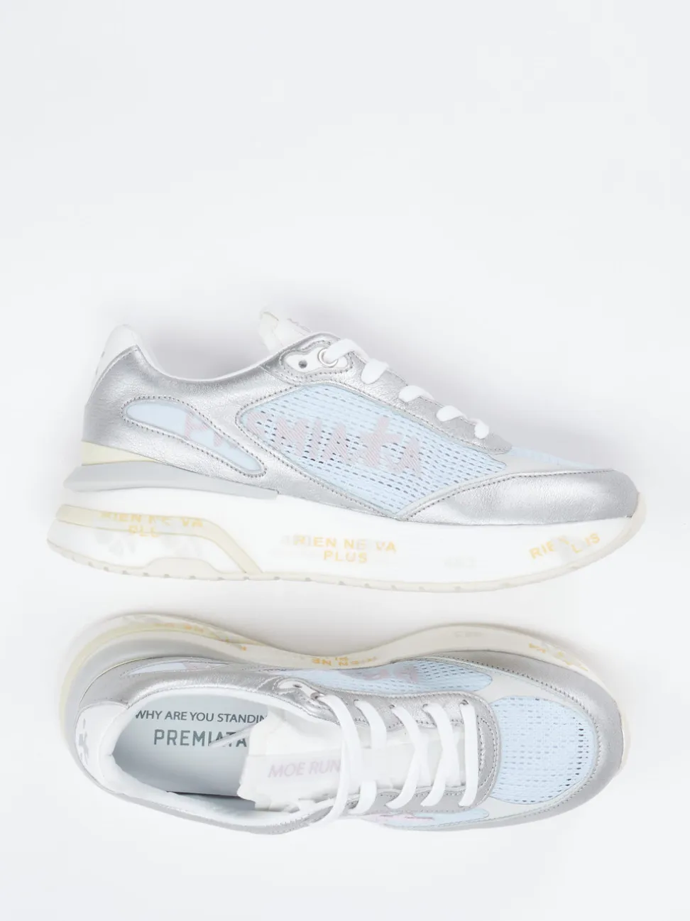Premiata – Sneaker aus Metallicleder und Mesh silber