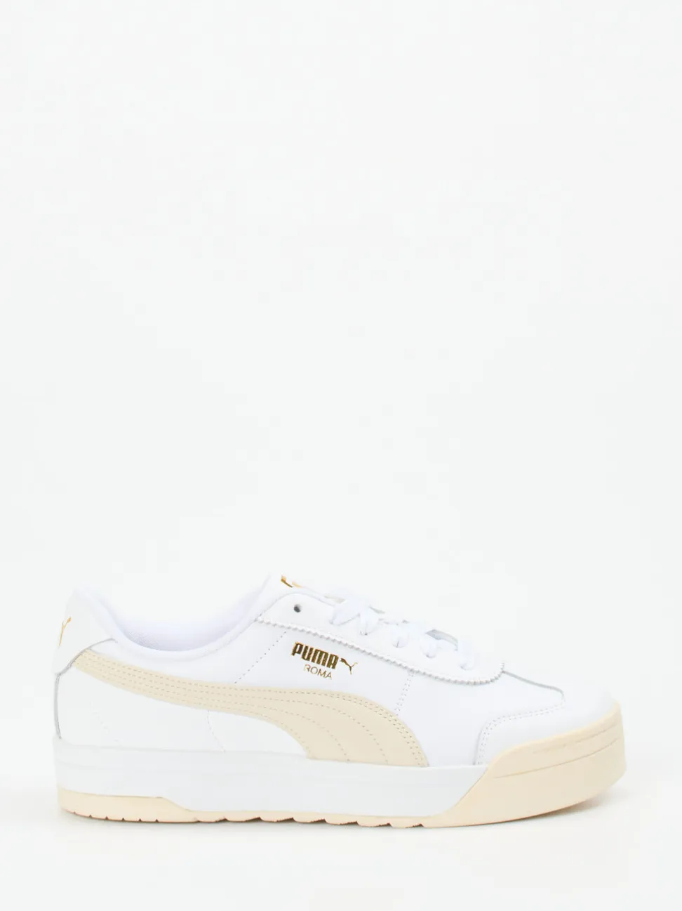 Puma – Sneaker aus Glattleder in Weiß mit Goldakzenten