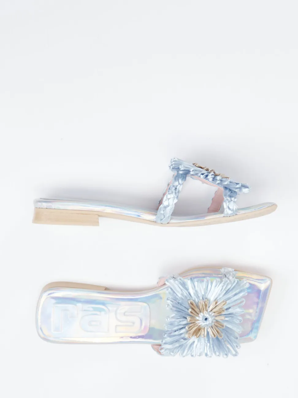 RAS – Pantolette aus Metallicleder hellblau irisierend