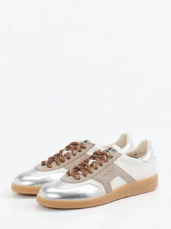 Santoni – Sneaker aus Velours- und Metallicleder Off-White