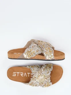 Strategia – Pantoletten aus Metallicleder mit Korkfußbett