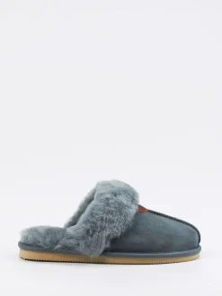 Thies – Lammfell-Pantoffel aus Veloursleder blaugrau