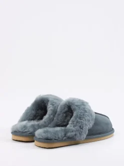Thies – Lammfell-Pantoffel aus Veloursleder blaugrau