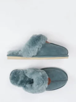 Thies – Lammfell-Pantoffel aus Veloursleder blaugrau