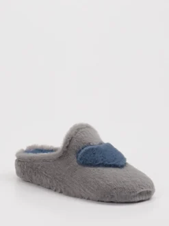 Thies – Pantoffeln aus Textil in Grau mit Herzmotiv
