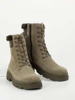 Think – Schnürstiefelette aus Veloursleder taupe