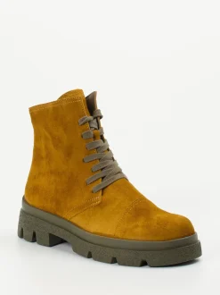 Think – Schnürstiefelette aus Veloursleder Ockerbraun